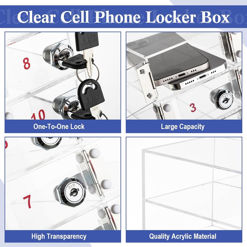 Layhit 10 Slots Cell Phone Locker Box for Classroom Clear Acrylic Cell Phone Storage Cabinet Bin with Door Locks for Classroom School Students Office Factory Employees - Image 4